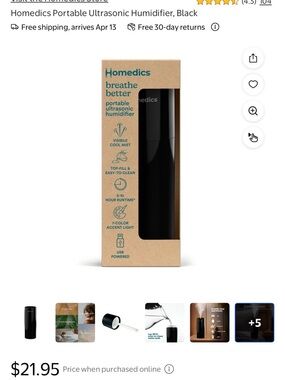 Homedics Black Portable Ultrasonic Humidifier with Accent Light